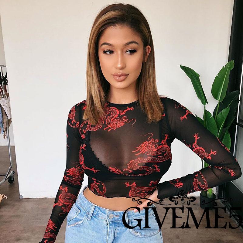 Áo Crop Top Xuyên Thấu Tay Dài In Hình Rồng Gợi Cảm Cho Nữ