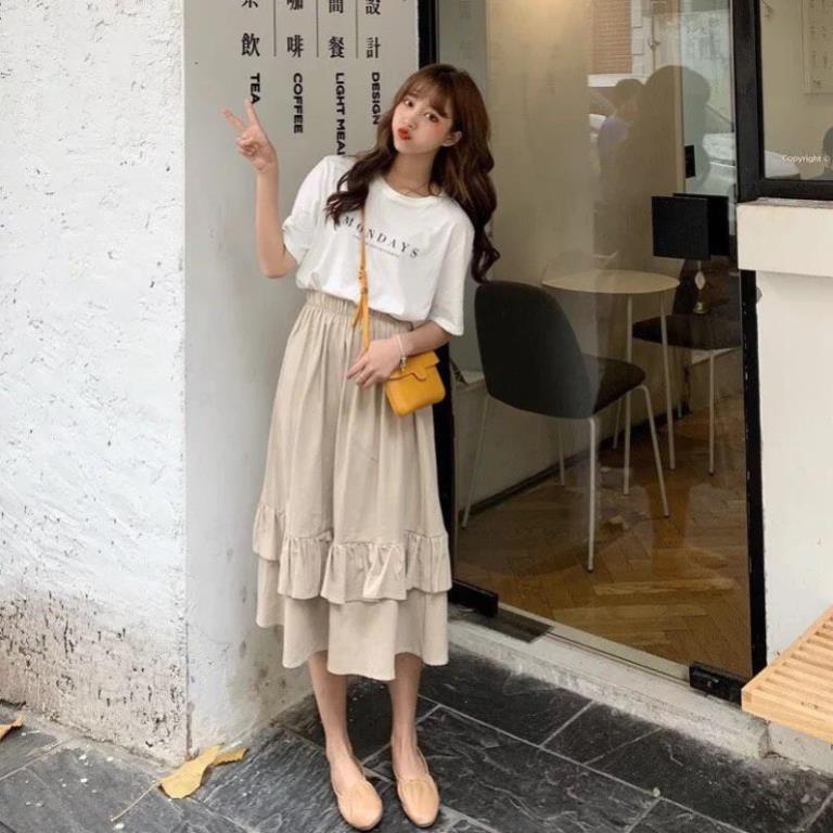Chân Váy Midi Nữ,Chân Váy Vạt Bèo 2 Tầng 3 Màu ĐEN TRẮNG BE Ulzzqang HOTTREND | BigBuy360 - bigbuy360.vn