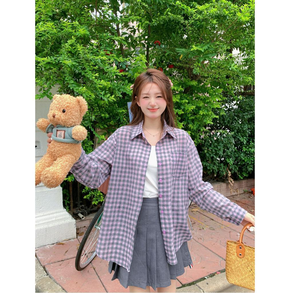 「 WELOVE1 」Áo Sơ Mi Nữ Tay Dài Dáng Rộng Họa Tiết Caro Màu Tím Phong Cách Hàn Quốc Thời Trang Mùa Hè