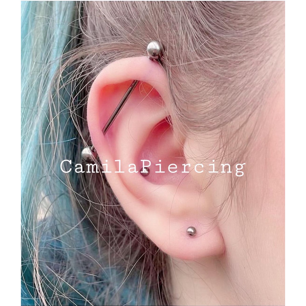 Khuyên Tai Industrial thanh thẳng 2 đầu bi