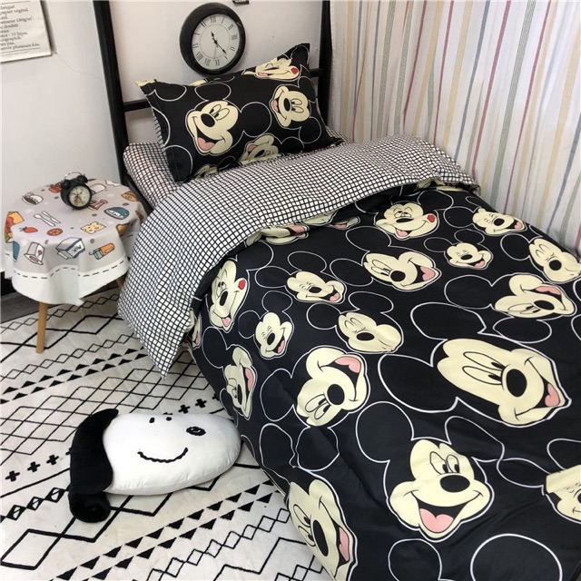Set Chăn Ga Chuột Mickey Đen Ga Caro Cotton Poly Cực Chất (Shinbedding.shop)