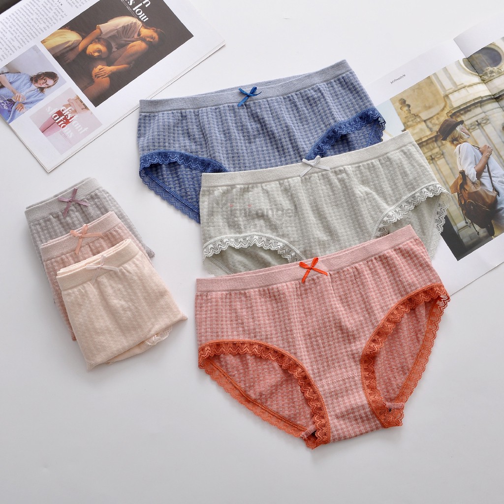 Quần lót cotton kẻ caro phối ren thấm hút mồ hôi kháng khuẩn Ms 789