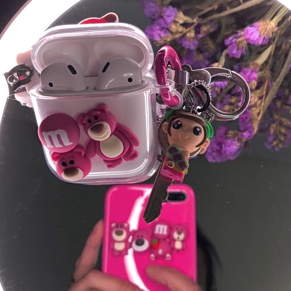 Vỏ silicon trong suốt bảo vệ hộp sạc tai nghe AppleAirPods1/2 gắn hình gấu hoạt hình dễ thương thời trang
