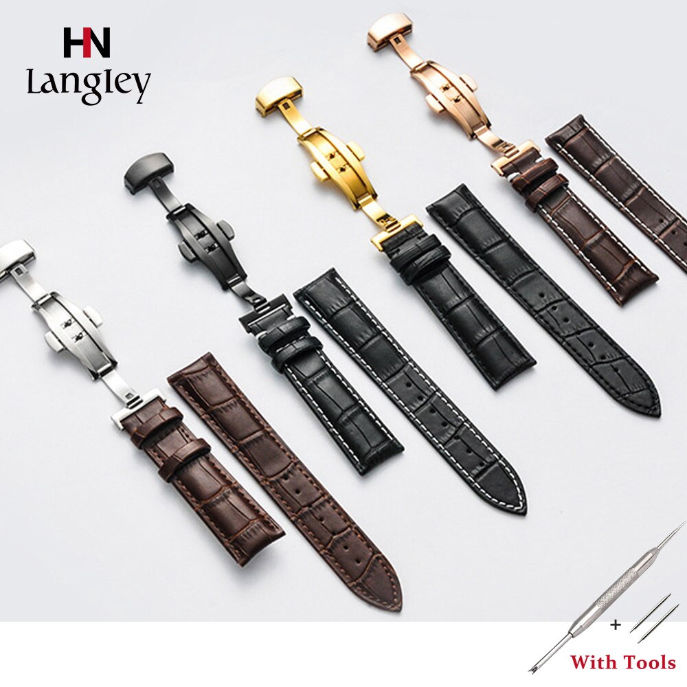 Dây Đeo Đồng Hồ Bằng Da Thật 18 19 20 21 22mm Chống Nước Khóa Đôi Cho Nam Nữ