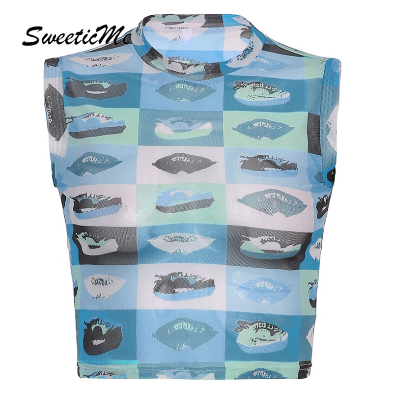 Sweeticme Áo Hai Dây Phối Lưới In Hình Đôi Môi Quyến Rũ Cho Nữ 2021