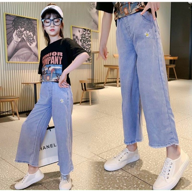 QUẦN JEANS NỮ LƯNG THUN ỐNG RỘNG THÊU HOA BA MÀU VỪA CẬP BẾN C5