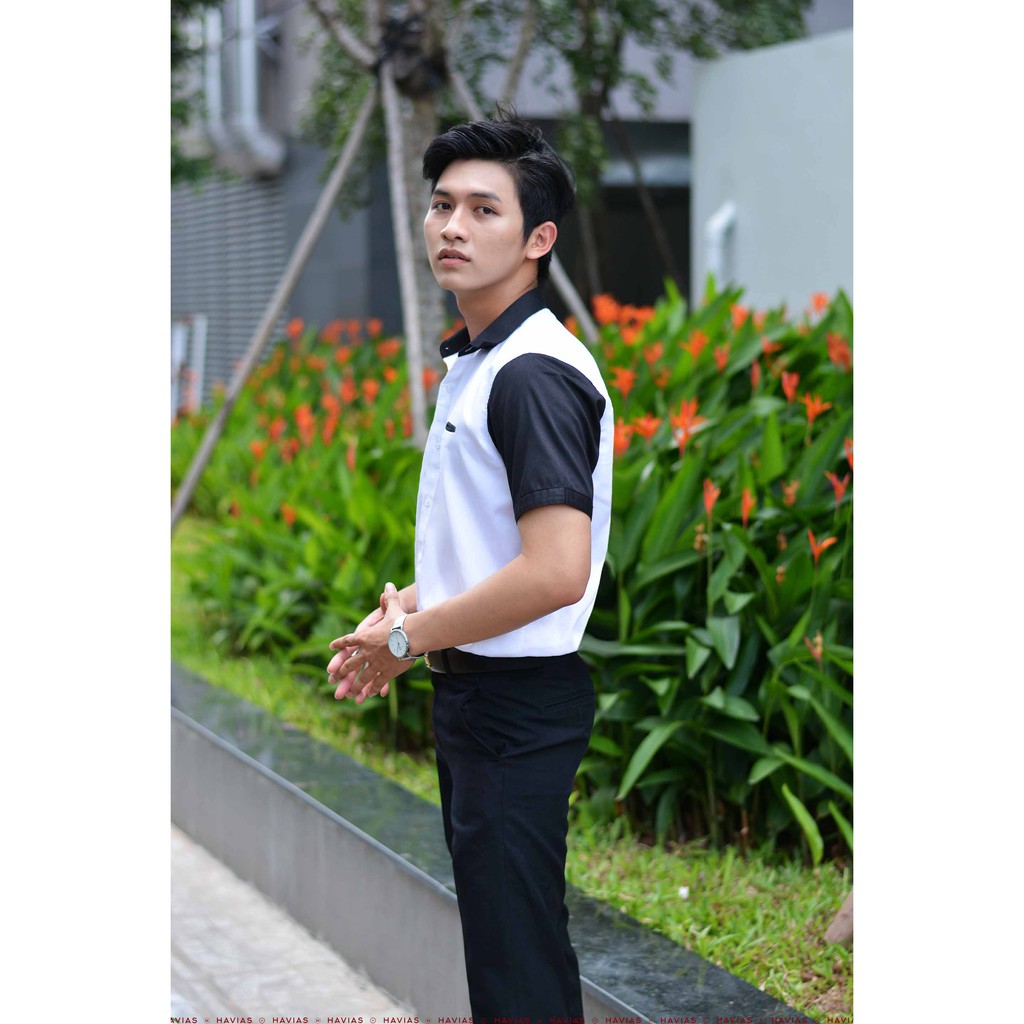 Sơ Mi Black Short Sleeve White Shirt with Hidden Pocket HAVIAS