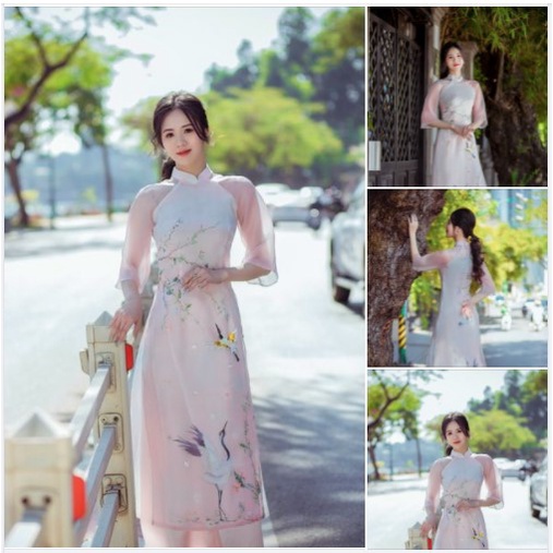 Áo Dài Cách Tân Nữ Hồng Hạc May Sẵn Lụa Tơ 4 Tà Đính Hoa Nhí Thủ Công Cao Cấp Phù Hợp Dự Tiệc Lễ Tết Đẹp