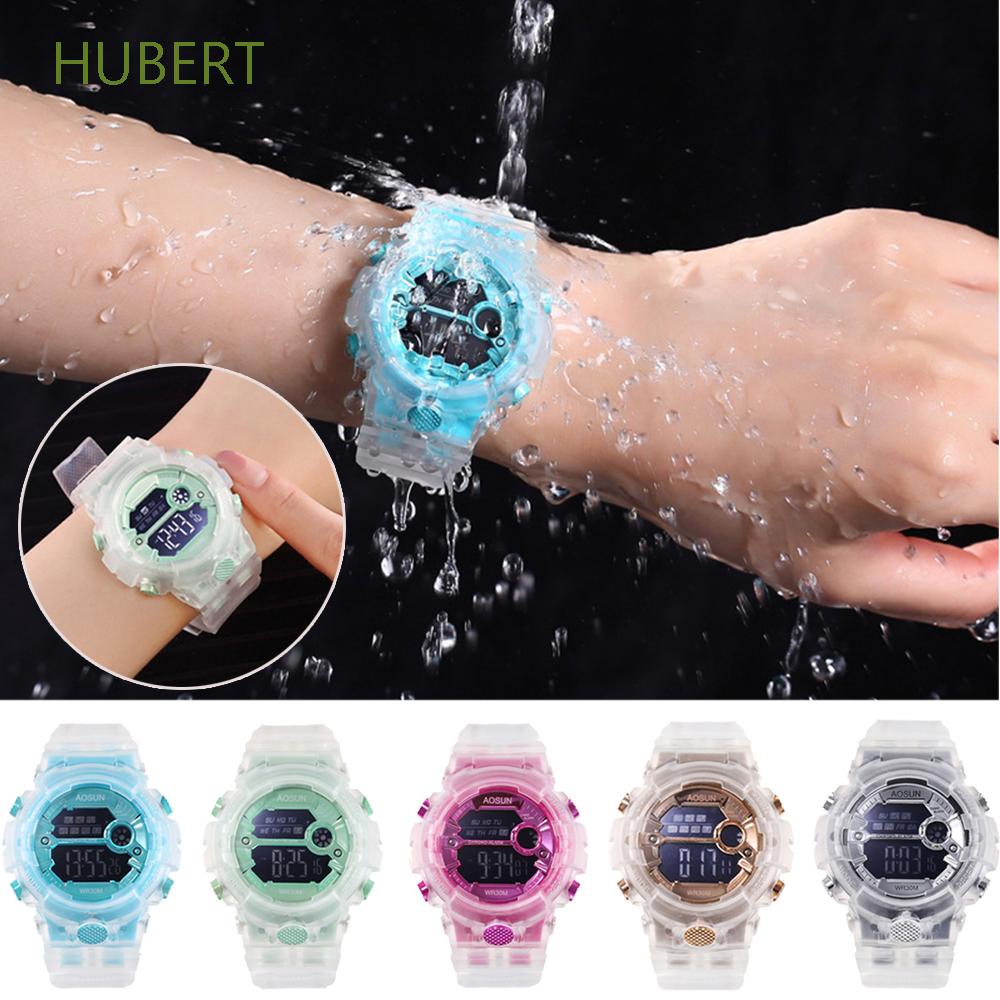 Đồng hồ đeo tay kỹ thuật số HUBERT có đèn LED báo thức bằng nhựa trong suốt dành cho bé trai và bé gái