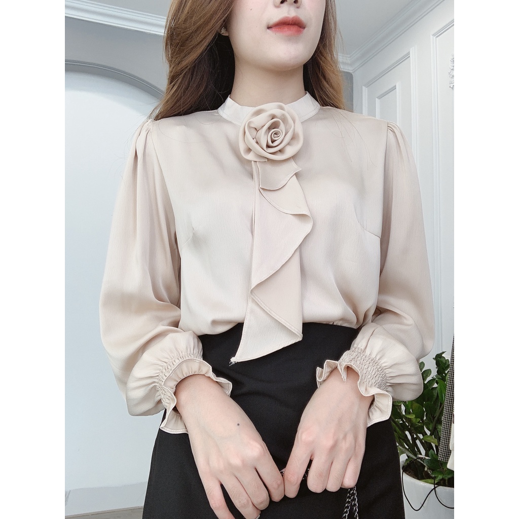 Áo Sơ Mi Lụa Tay Bo Kèm Tag Hoa Min House