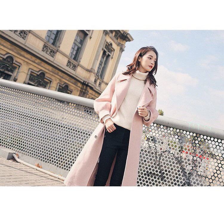 Áo dạ dáng dài màu hồng nhạt dày dặn phong cách phong cách Hàn Quốc_A1810