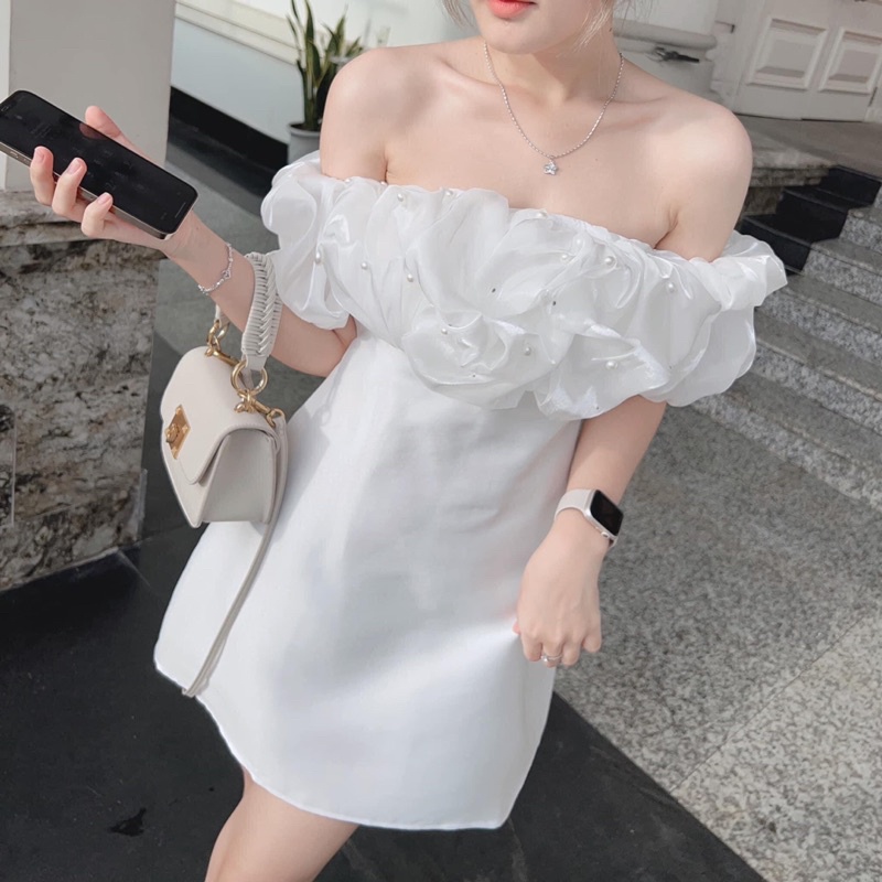 Đầm tacta nhũ hai lớp bệt vai bèo voan tơ đính ngọc có đệm màu trắng kèm video thật shop nina le