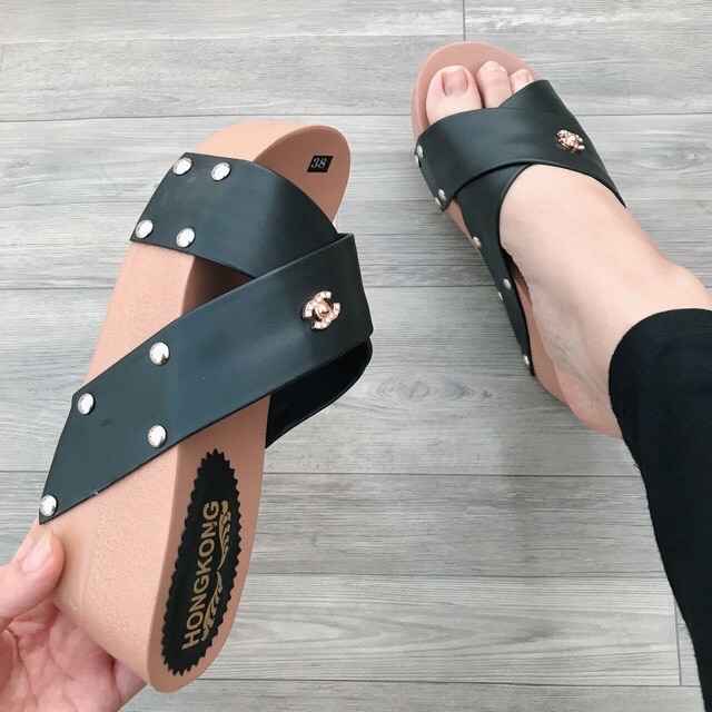 Dép đế xuồng quai chéo gẵn chữ x, cao 7cm siêu nhẹ
