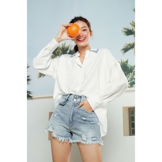 DOTTIE - Áo sơ mi cổ viền trang trí nữ trắng T0238