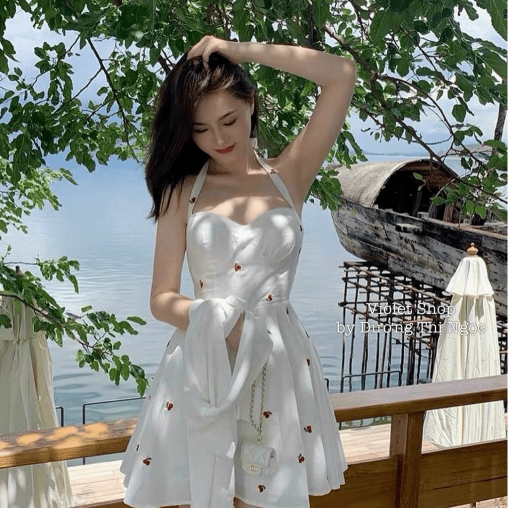 Sét Đầm 2 Dây kèm Áo Khoác Thun Gân Trắng Họa Tiết Cheery Ngọt Ngào Chất Lụa Có Mút Ngực Mặc Đẹp [NEW UNISEX]