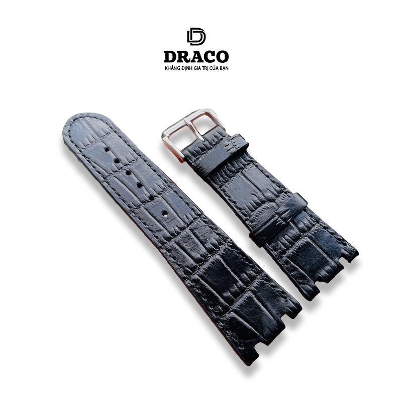 Dây da đòng hồ Draco DDDH05 màu đen - size 25 nam [Tặng kèm khóa] chấy liệu da bò thật cao cấp dập vân cá sấu