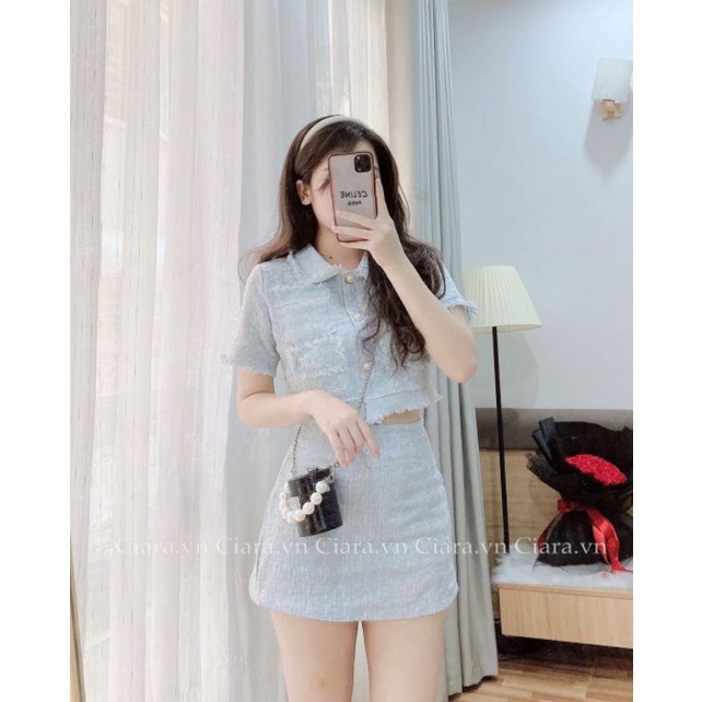 Set dạ tweed xanh dương, hồng, nude cúc ngọc sang chảnh
