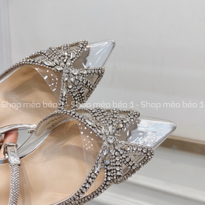 Sandal cao gót mica mũi nhọn viền nơ đá chéo gót nhọn fullbox hàng quảng châu cao cấp