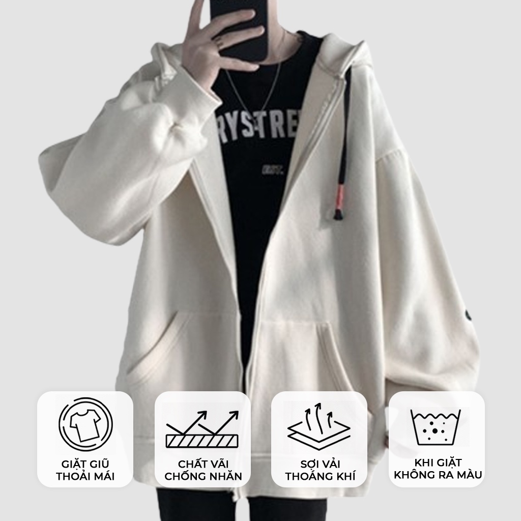 Áo Khoác Kéo Khóa Nam, Nữ Hoodie Basic Unisex Nỉ From Rộng Màu Trắng HDKK950
