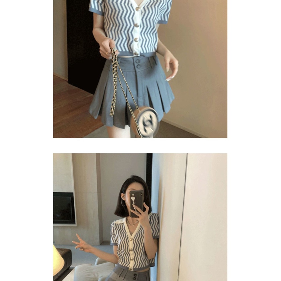 Áo Cardigan Dệt Kim Mỏng Cổ Polo Tay Ngắn Họa Tiết Trái Tim Kẻ Sọc Thời Trang Mùa Hè 2022 Cho Nữ