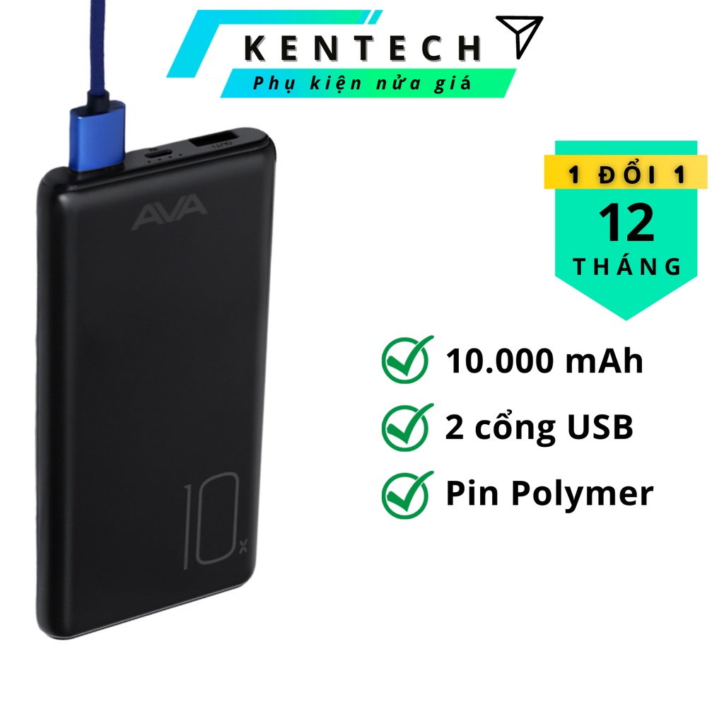 Pin sạc dự phòng Polymer 10.000mAh AVA PJ JP196 Đen 💦CHÍNH HÃNG BH 12 THÁNG