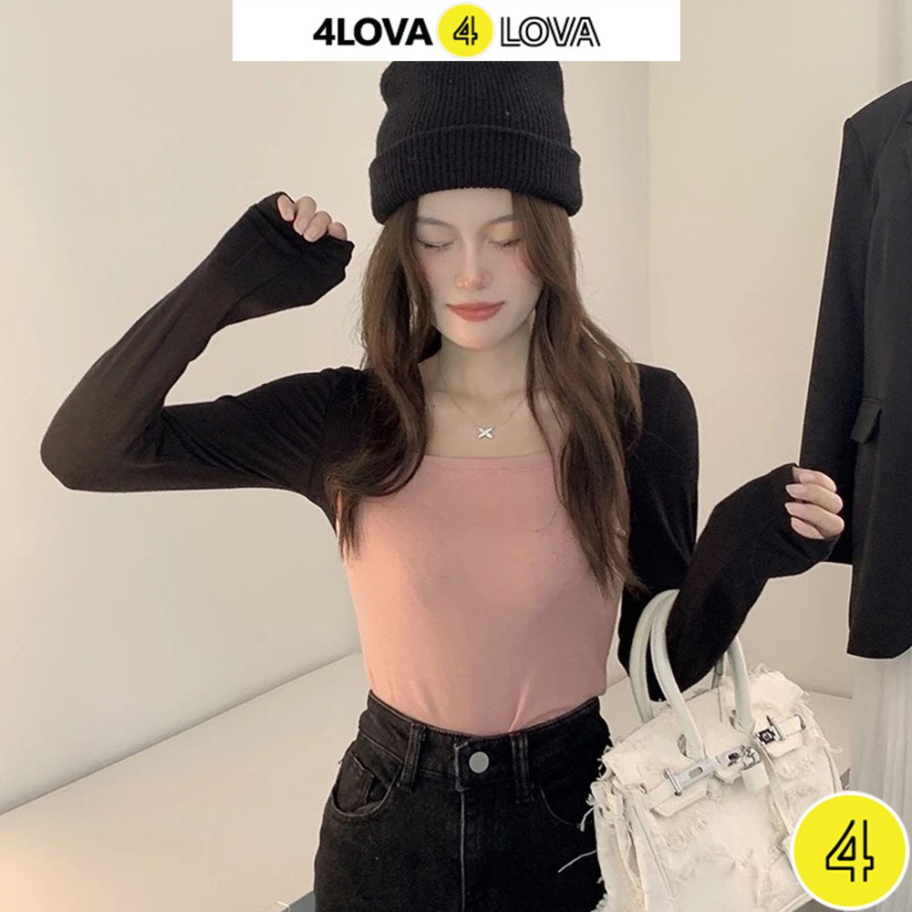 Áo thun dài tay body nữ dáng ôm cổ vuông 4LOVA chất cotton co giãn phối màu trẻ trung