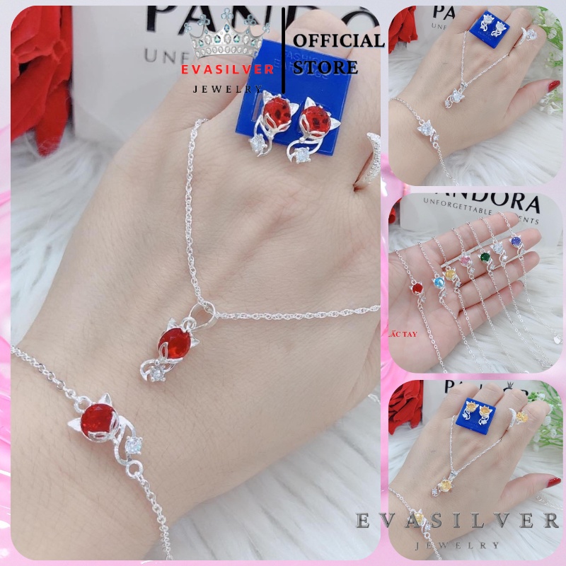 Bộ trang sức bạc mặt hồ ly nhiều màu gồm 4 món, Sét trang sức bạc phong thủy sang trọng nữ tính