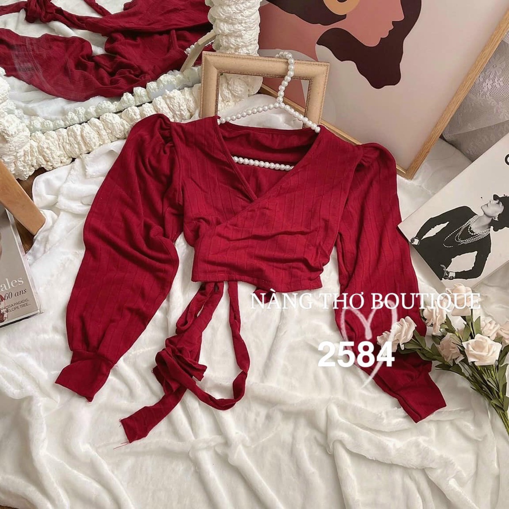 Áo đỏ Ulzzang đắp chéo, cột nơ, tay dài siêu xinh (ảnh thật do shop chụp) 2584