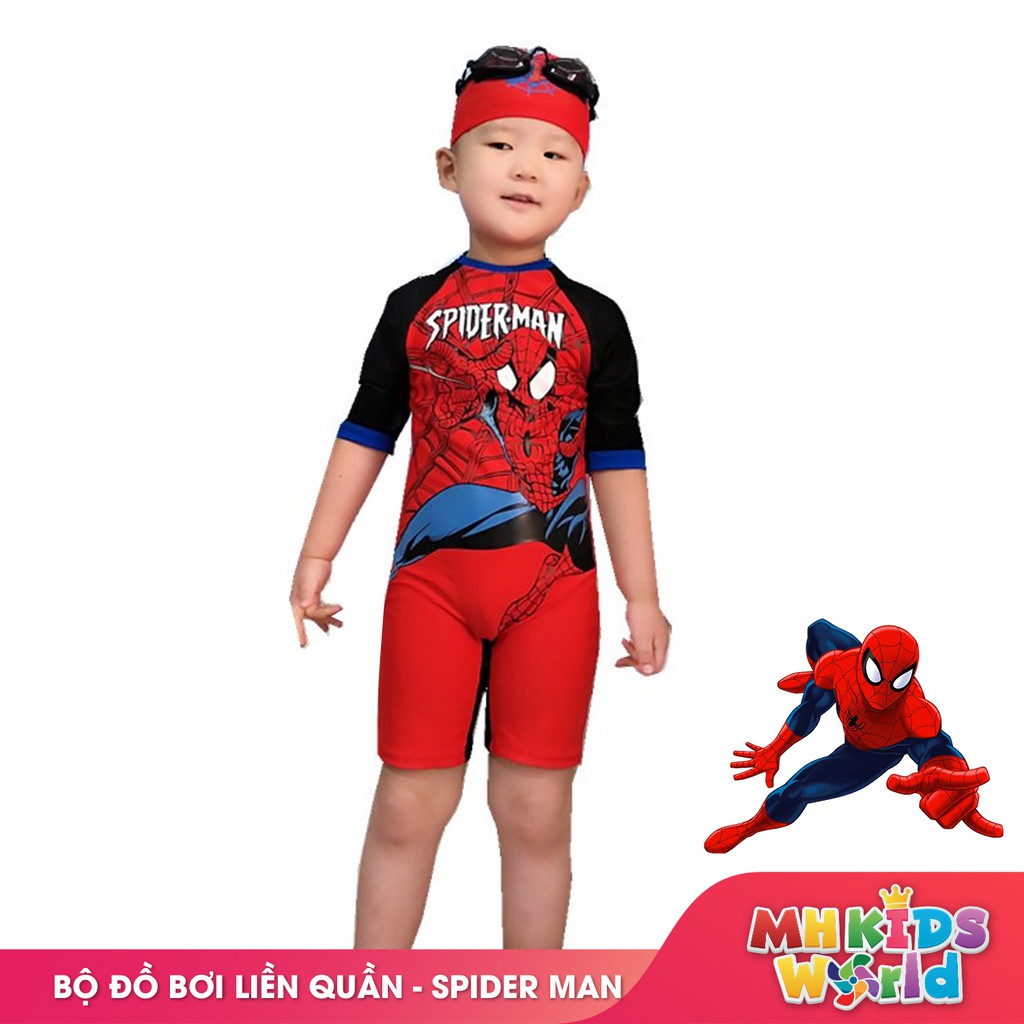 Đồ bơi bé trai bộ liền thân kèm mũ mẫu người nhện Spider Man vải lycra cao cấp