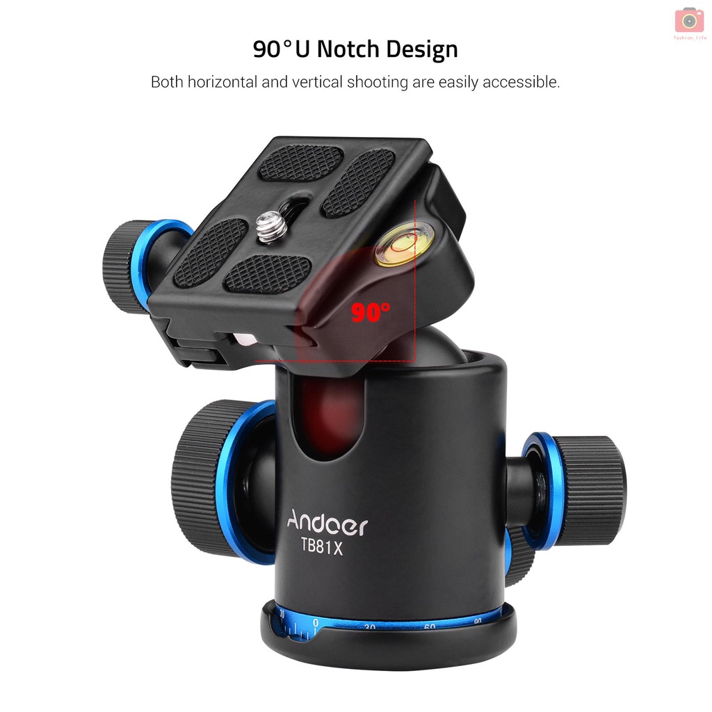 【fash】Andoer Aluminum Camera Panoramic Damper Ball Head Tripod Head 10KG Payload 360° Swivel 90° Flip with Quick Release Plate Scaled Plate Dual Bubble Level Universal 1/4in 3/8in Mounting