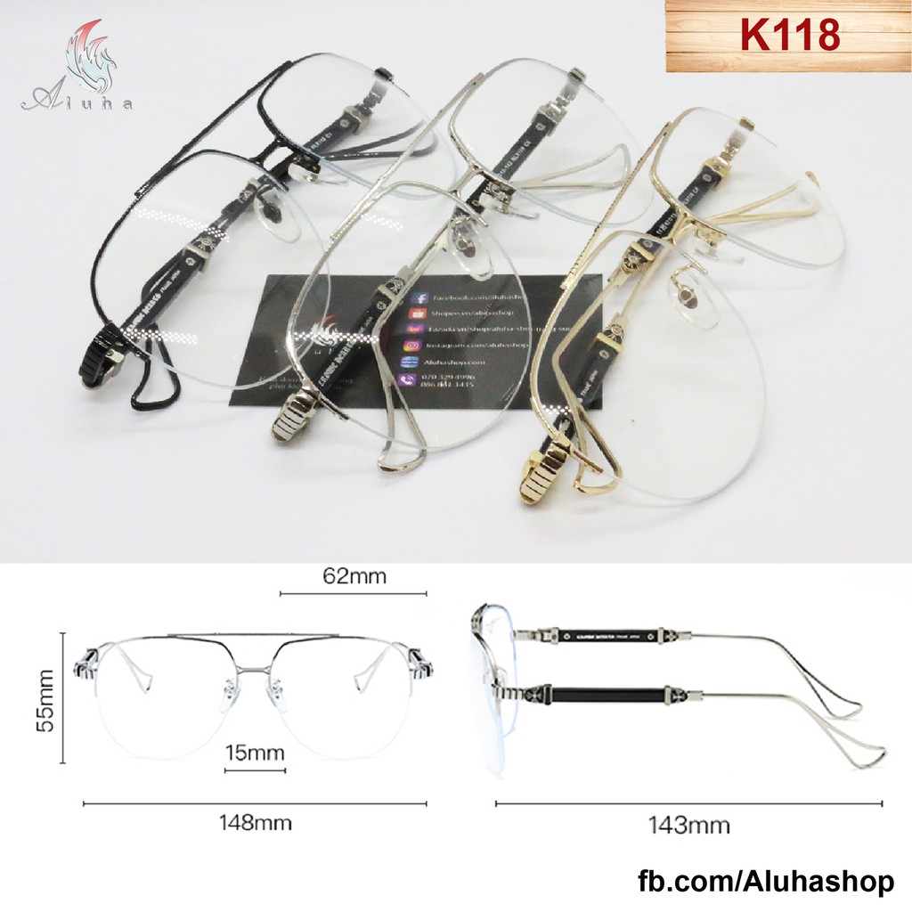 Gọng kính Chrome Heart tròng chống ánh sáng xanh đeo lên auto đẹp trai - K118 - Aluha