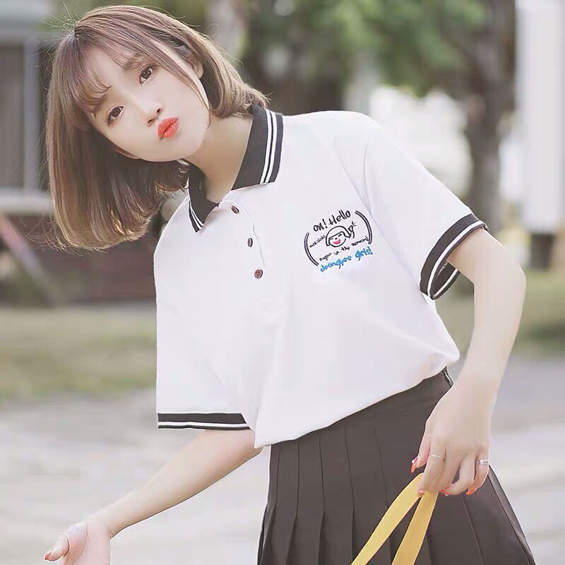Áo Thun Có Cổ Tay Ngắn Phối Viền Trắng Siu Cute TTS0339