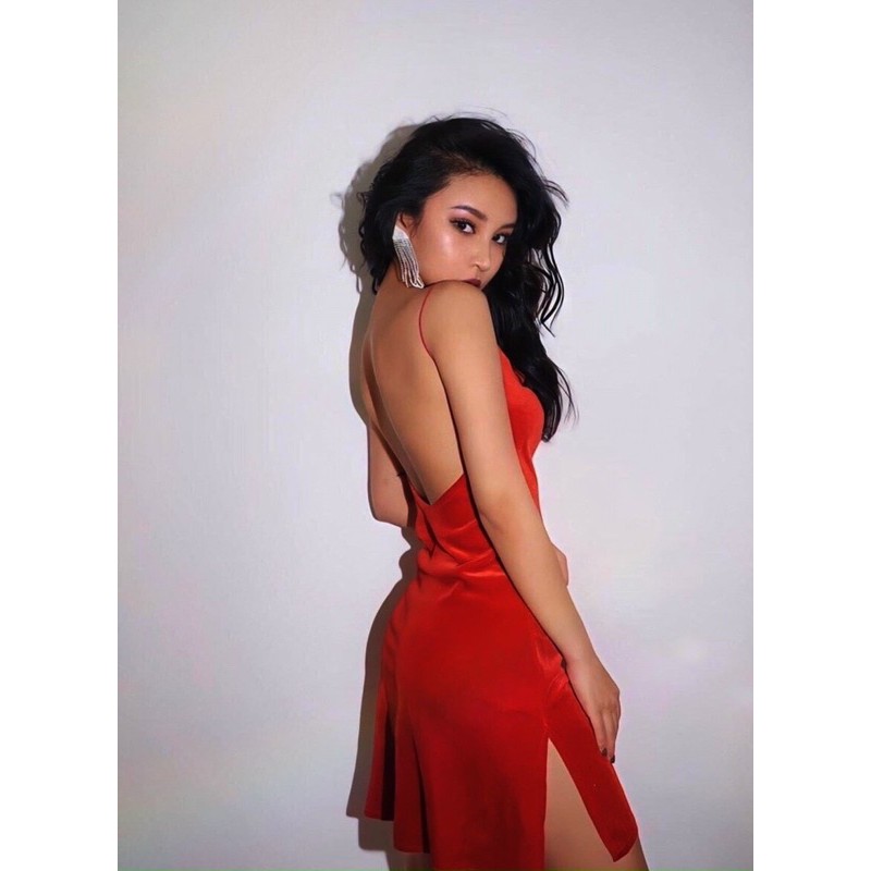 Đầm đen đỏ 2 dây nhung cổ đỗ hở lưng (kèm mút ngực) | BigBuy360 - bigbuy360.vn