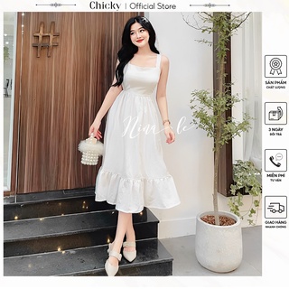 Váy đầm nữ dáng xòe hai dây màu trắng cột nơ lưng