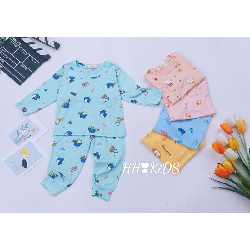 Bộ dài tay mỏng  vải thun lạnh in họa tiết mặc điều hòa hè thu cho bé (7-17kg)