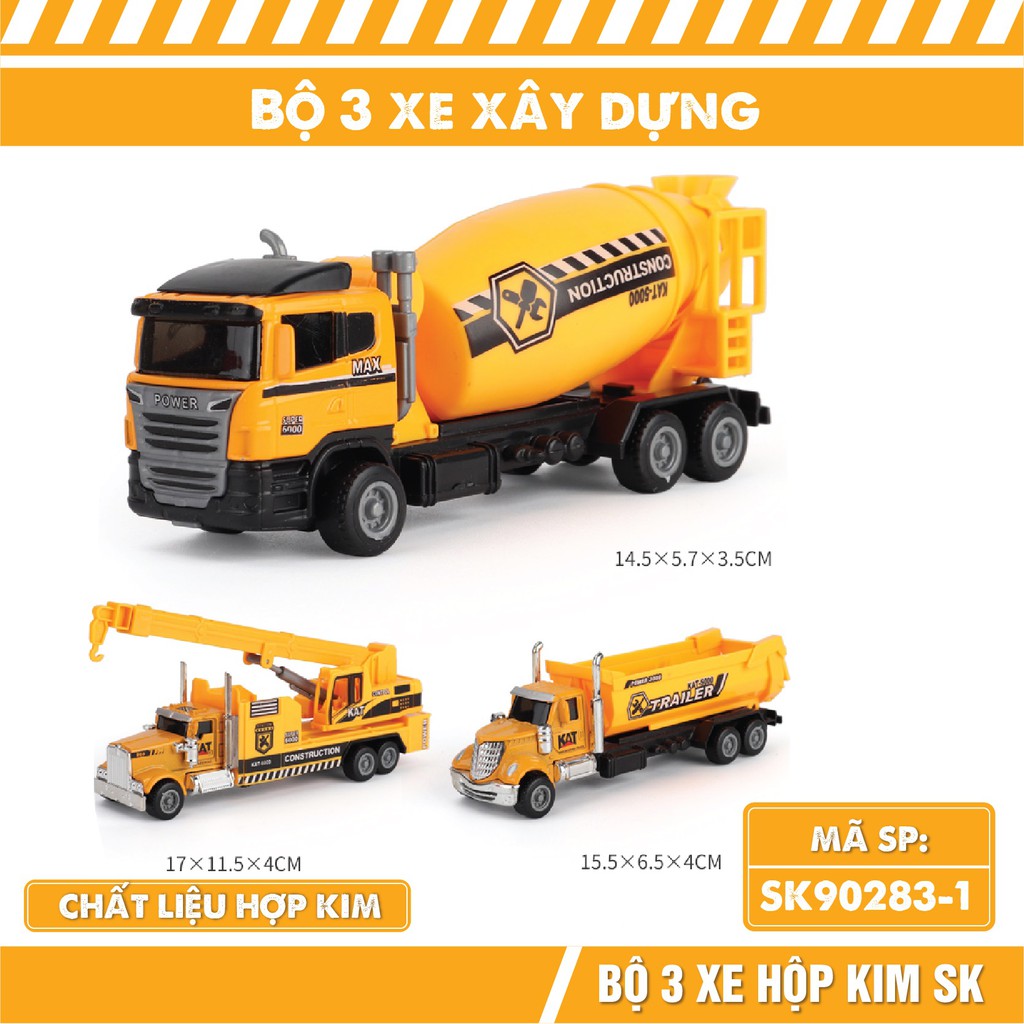 Mô hình xe tải bộ 3 xe chủ đề cứu hỏa, cảnh sát, xây dựng, nông trường