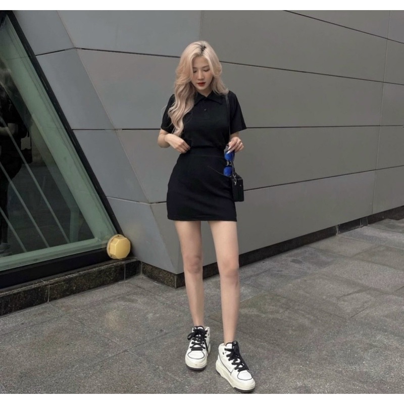 .Set ôm body áo thun polo có cổ +chân váy ngắn đen hồng cánh sen thời trang teen hot girl năng động thể thao dễ thương M
