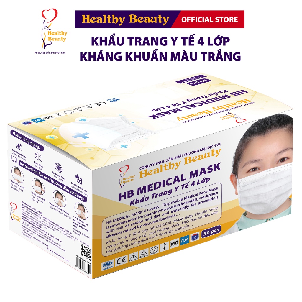 Khẩu Trang Y Tế Kháng Khuẩn HB Medical Mask Cao Cấp Healthy Beauty 1 Hộp 50 cái