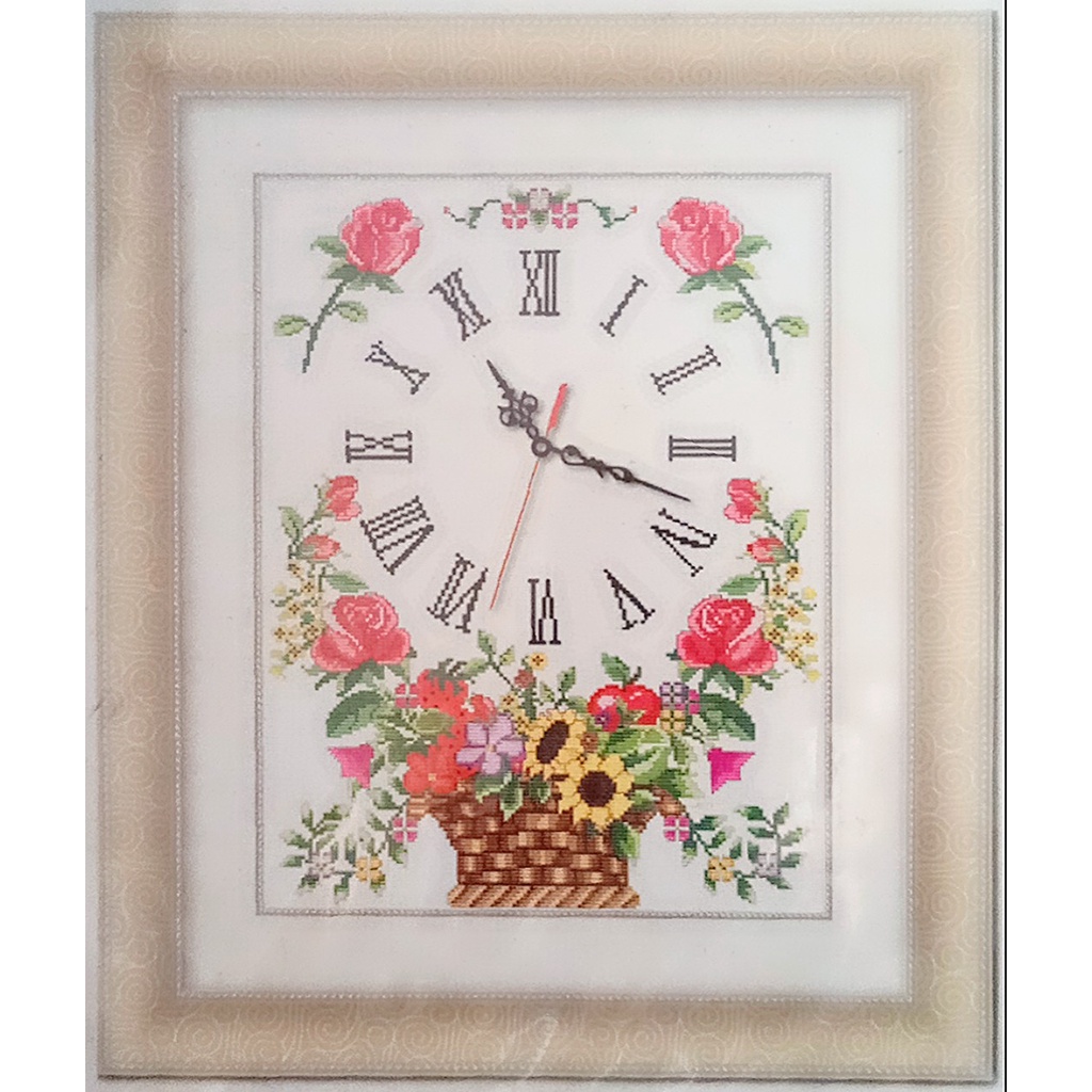 Xả lỗ tranh thêu kín đồng hồ Giỏ hoa kích thước 44*56cm