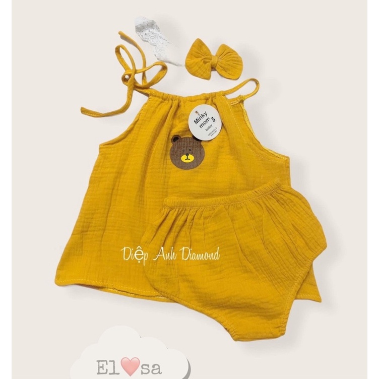 Bộ quần áo vải xô muslin kèm băng đô cho bé gái thêu hình gấu ( bộ 2 dây)