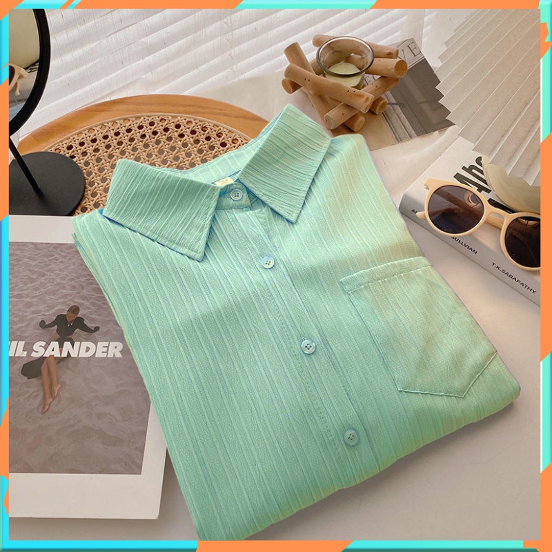 Áo sơ mi nữ dài tay form rộng vải đũi gân màu pastel siêu xinh