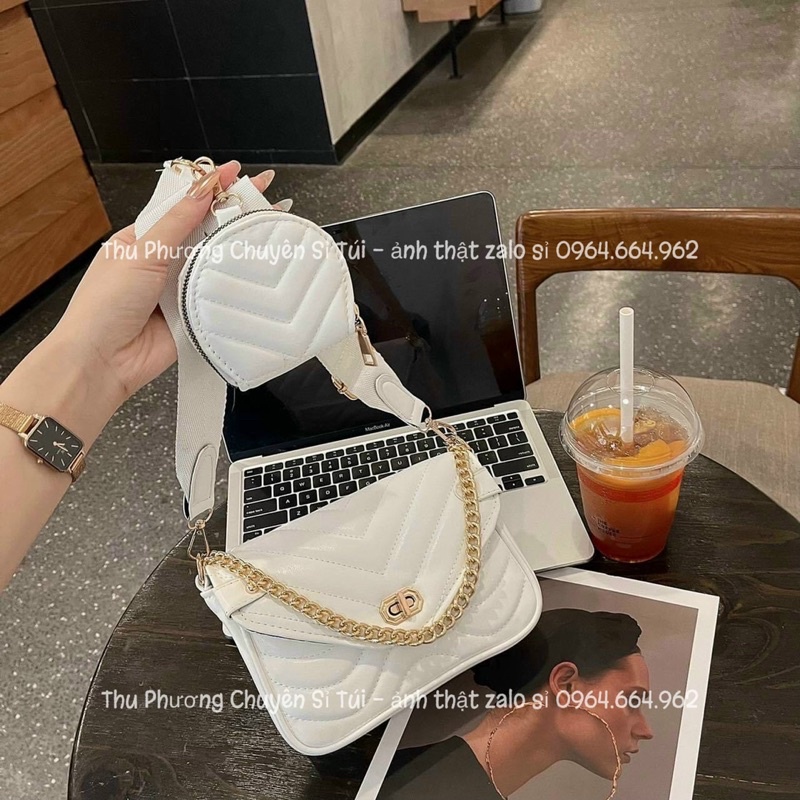 Túi đeo chéo trần trám, Sét túi đôi 2in1 chất da cao cấp hàng đẹp khoá đúc