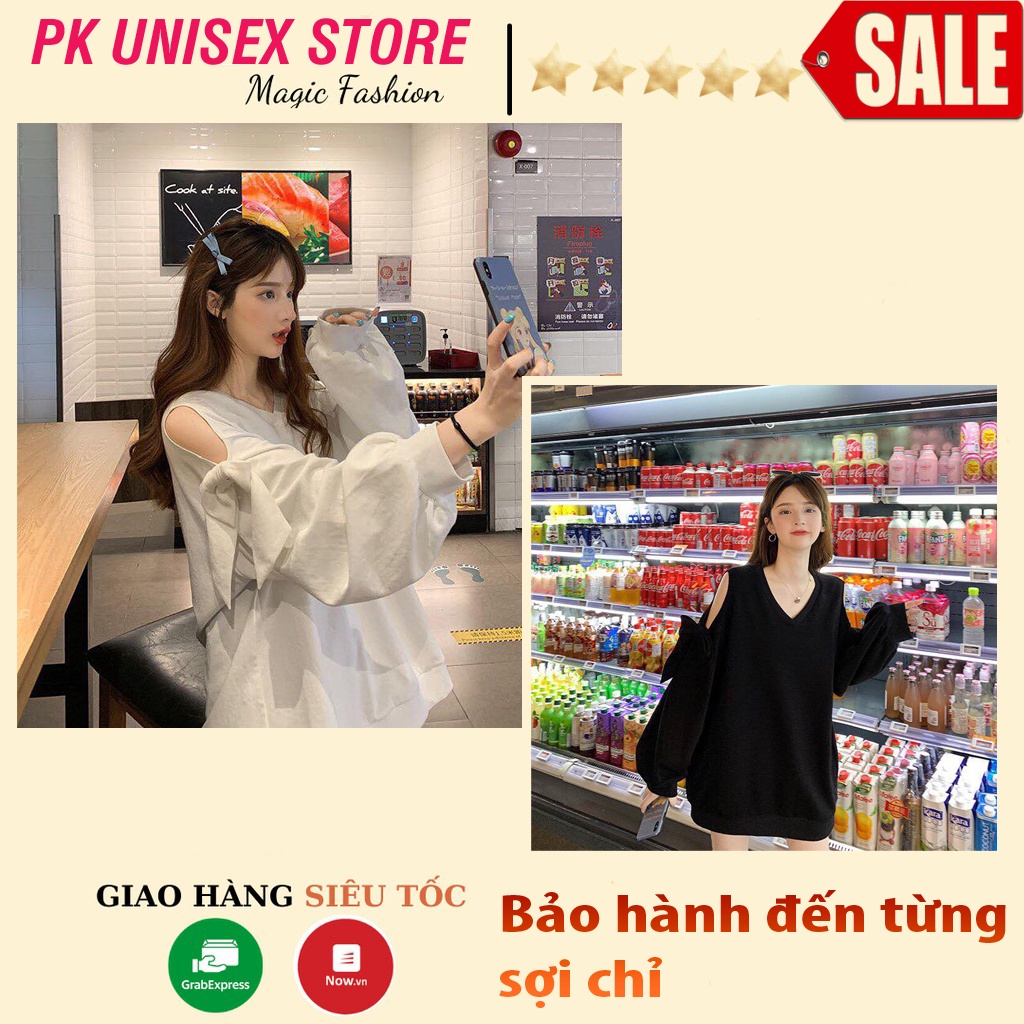 Áo Sweater Nỉ Nữ Tay Nơ Khoét Vai Tay Bồng 2 Màu