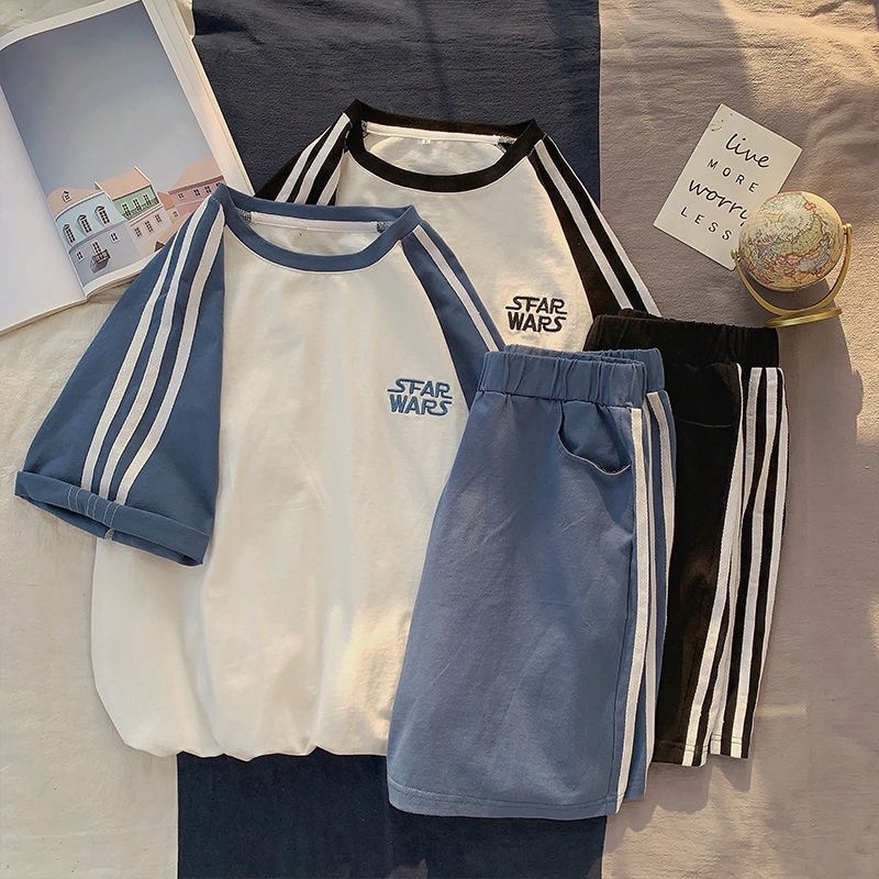 Bộ thể thao nam nữ Unisex- áo thêu chữ phối màu quần đùi 3 sọc chất cotton mát mịn phong cách ulzzang hàn quốc
