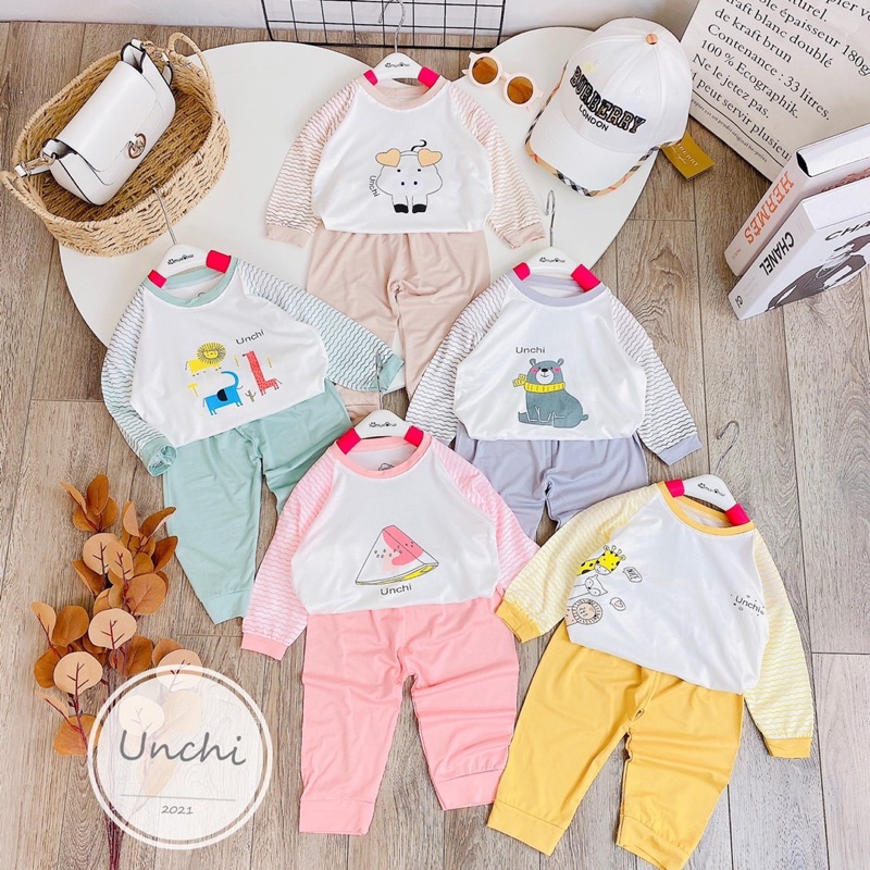 Bộ quần áo dài tay điều hoà chui cổ vải thun lạnh mềm mỏng Unchi phối màu bé trai bé gái 6-14,5kg
