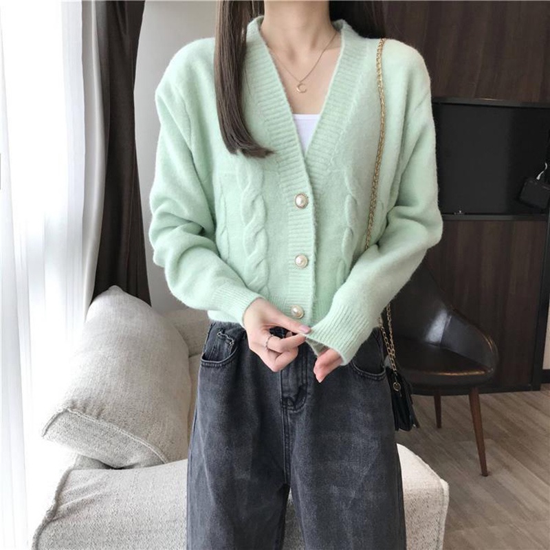 Áo khoác len IELGY dạng lửng cổ chữ V dễ phối đồ phong cách nhẹ nhàng cho nữ