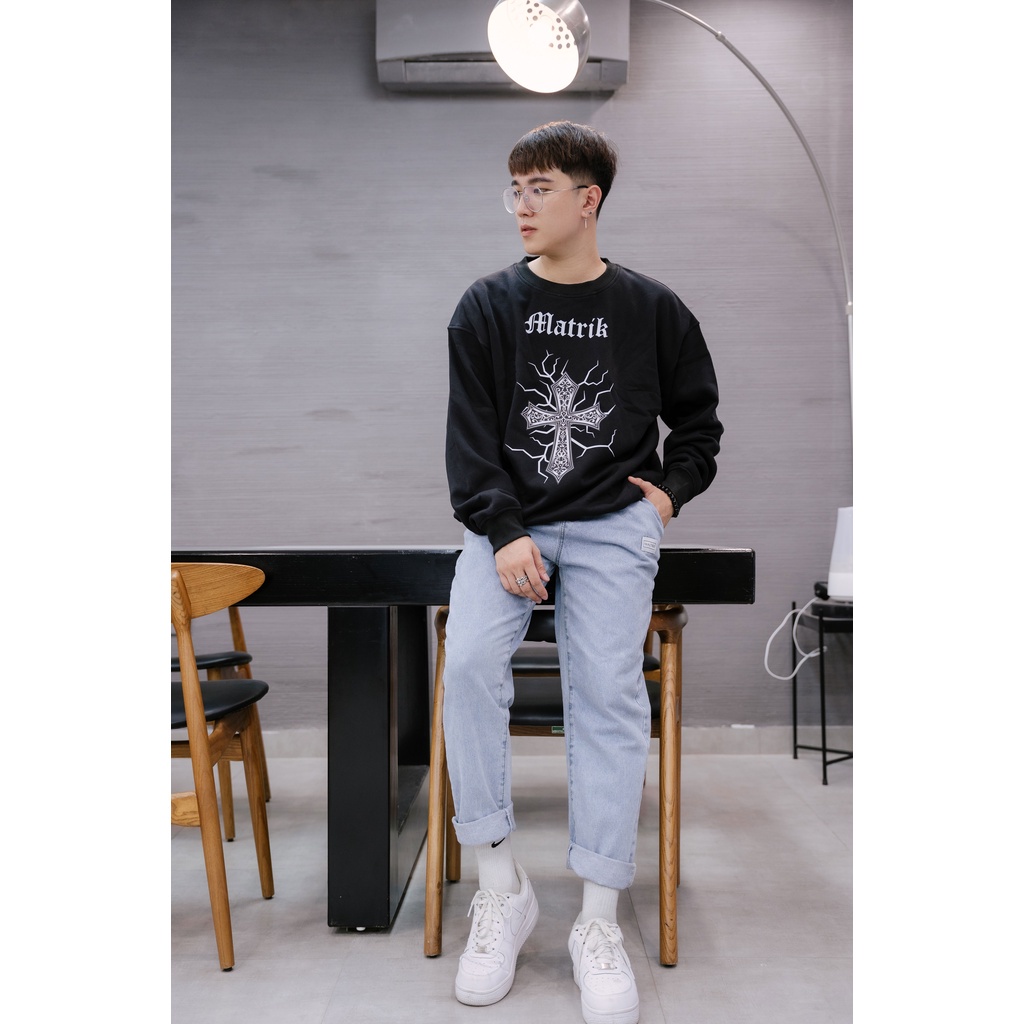 Áo sweater Bigsize Maltrik hình thánh giá, áo nỉ bông cổ tròn form rộng unisex chất liệu dày dặn có size đến 130kg