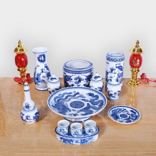 BỘ ĐỒ THỜ CÚNG BÁT TRÀNG XANH VẼ RỒNG ( SIZE NHỎ )