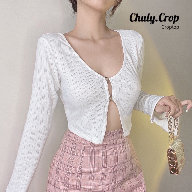Set áo croptop yếm tròng cổ kèm áo khoác ôm tay loe