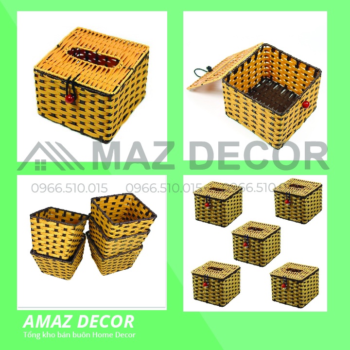 [Sỉ] Hộp đựng khăn giấy nhựa giống mây để giấy ăn vuông có nắp đẹp dày dặn